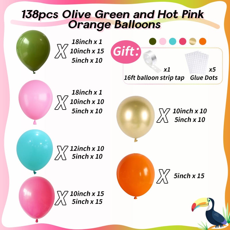 Paeyeq 138pcs Flamingo Tropical Luau Balloons Arch Garland Kit  Olive Green and Hot Pink Orange Gold Hawaiian Balloons for Kids Summer Beach Aloha Pool Birthday Baby Shower Party Decorations Supplies - Image 2